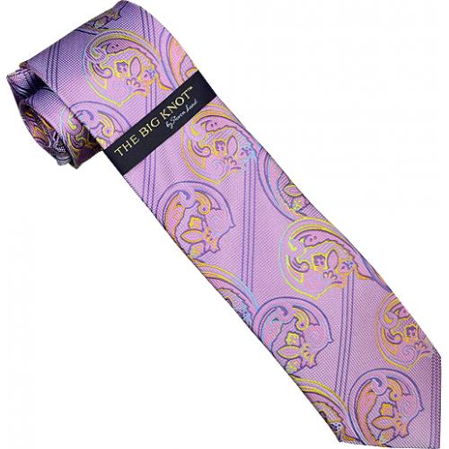 Steven Land Collection "Big Knot" SL055 Lavender / Mustard / Purple Paisley Self Design 100% Woven Silk Necktie/Hanky Set